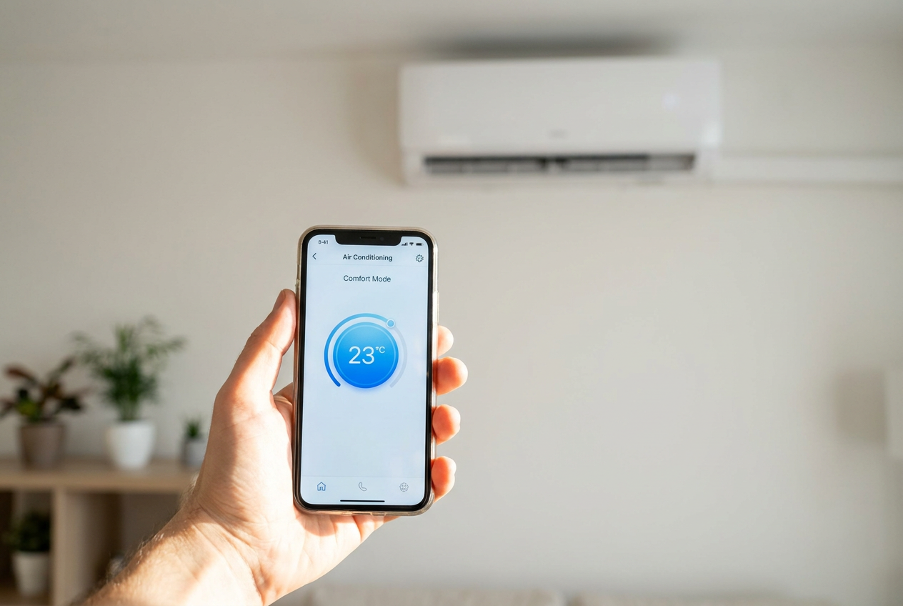 Control del aire acondicionado inteligente desde el smartphone Mano sosteniendo un smartphone con una aplicación de hogar inteligente controlando la temperatura del aire acondicionado en un salón moderno.