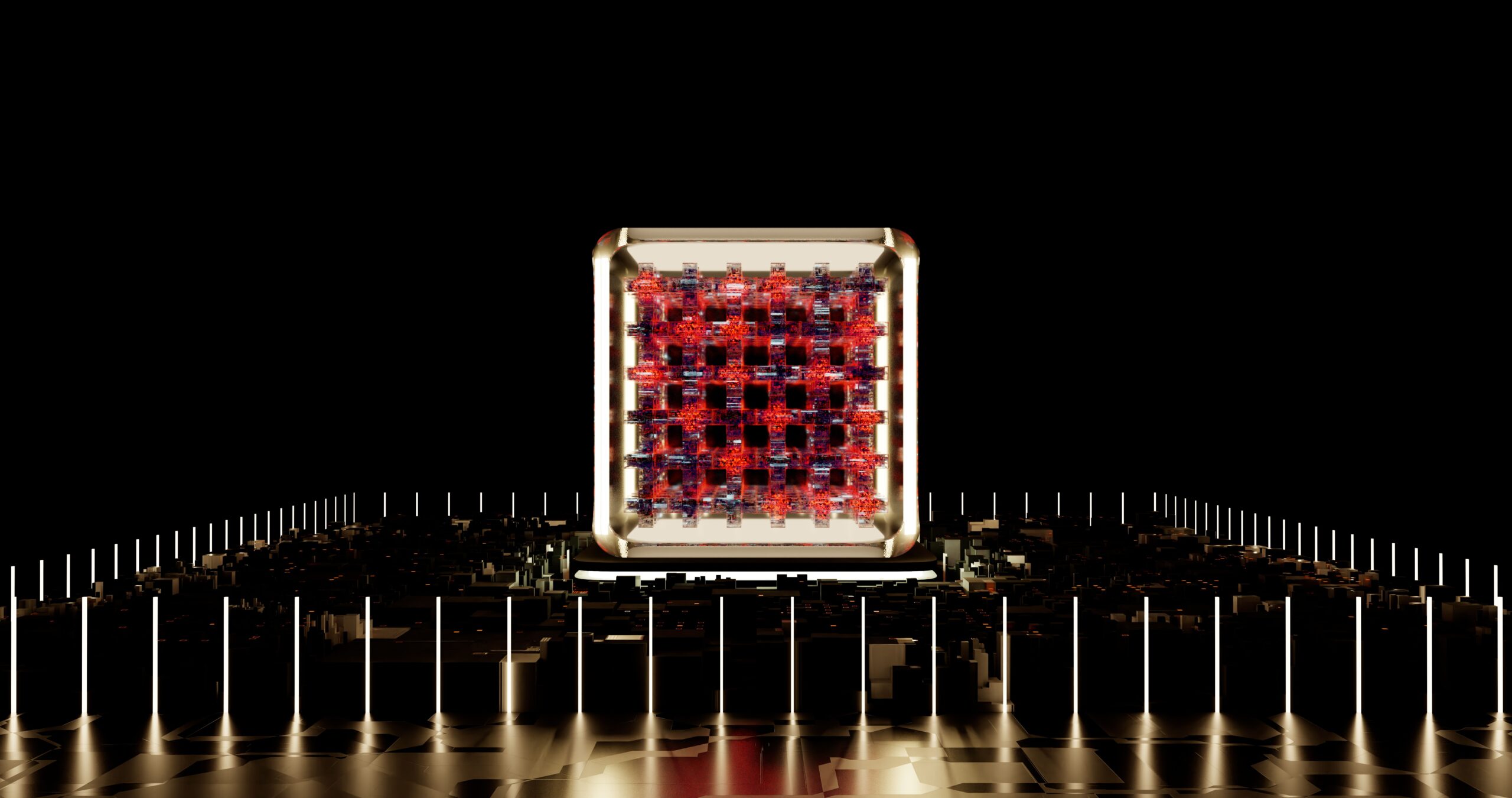 Representación abstracta de un procesador digital futurista con elementos brillantes, ilustrando el chip A21. Representación abstracta de un procesador digital futurista con elementos brillantes, ilustrando el chip A21.