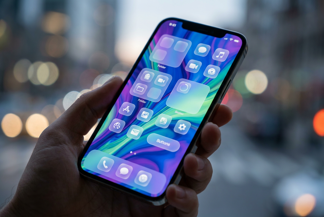 Concepto visual de la interfaz Liquid Glass de iOS 26 con elementos translúcidos y dinámicos sobre un fondo colorido.