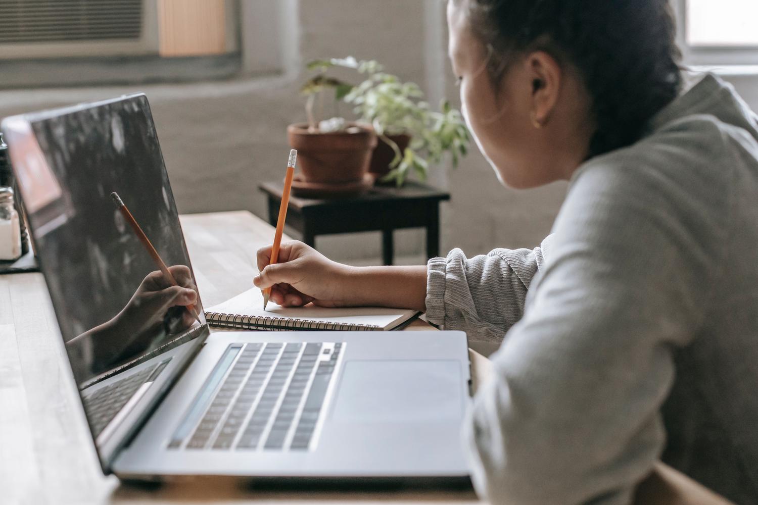 Estudiante concentrada tomando notas mientras sigue un curso online en su portátil. Estudiante concentrada tomando notas mientras sigue un curso online en su portátil.