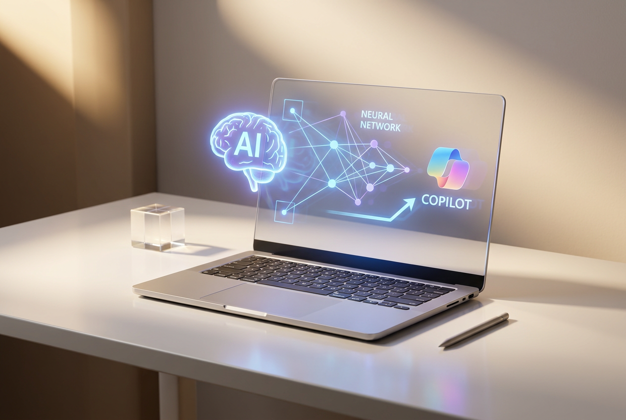 Representación conceptual de un PC Copilot+ con efectos holográficos de inteligencia artificial emanando de la pantalla. Representación conceptual de un PC Copilot+ con efectos holográficos de inteligencia artificial emanando de la pantalla.