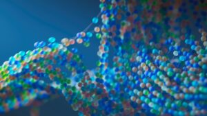 Representación abstracta y colorida de una estructura molecular, simbolizando el diseño de proteínas mediante IA.