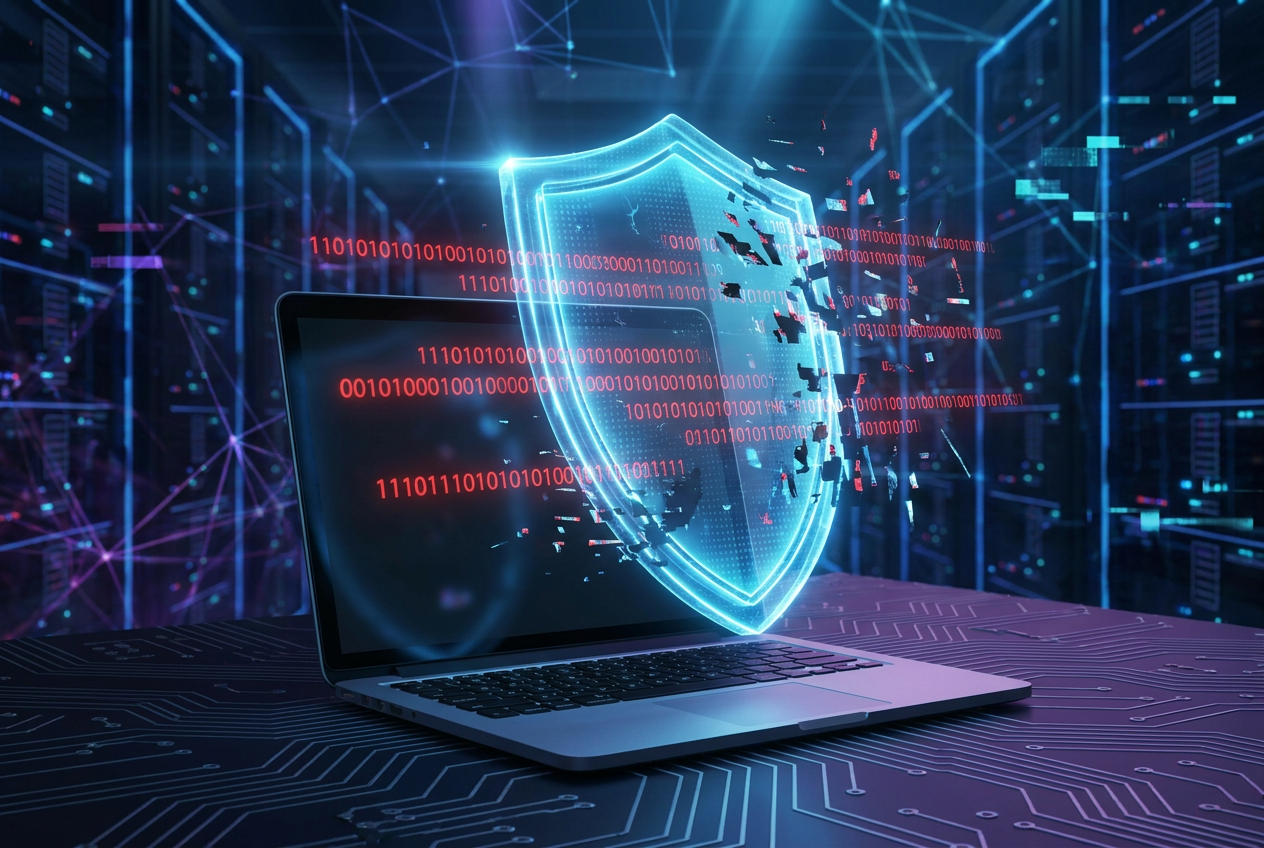 Concepto de ciberseguridad en el uso de software Ilustración conceptual de ciberseguridad protegiendo un ordenador portátil