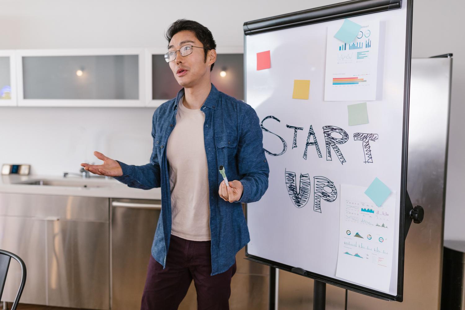 Emprendedor presentando una idea de negocio con gráficos y datos en una pizarra, representando la captación de capital y el pitch de startups. Emprendedor presentando una idea de negocio con gráficos y datos en una pizarra, representando la captación de capital y el pitch de startups.