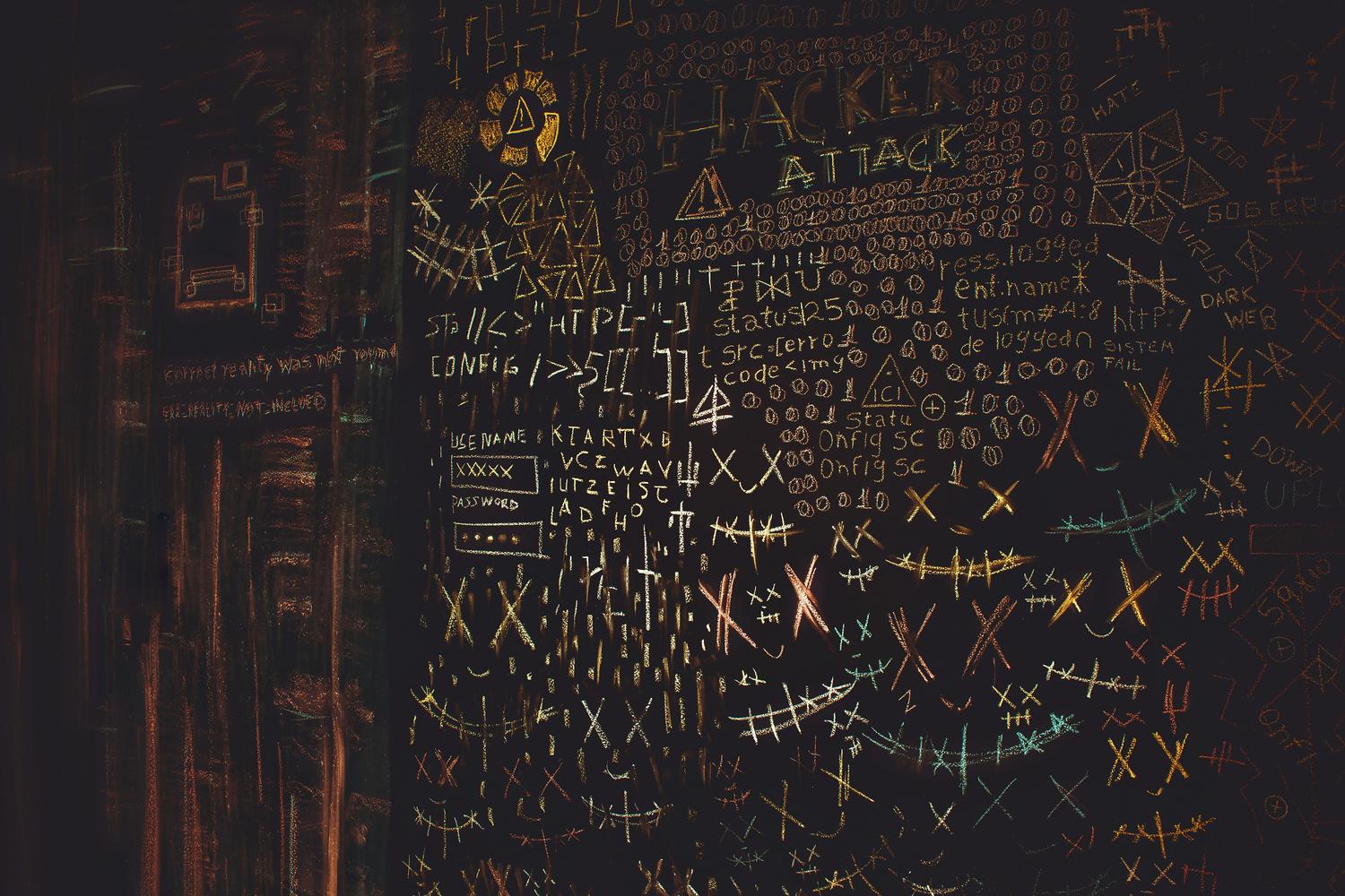 Pizarra oscura llena de símbolos caóticos y fragmentos de código brillante, representando el lado experimental y oscuro de la informática. Pizarra oscura llena de símbolos caóticos y fragmentos de código brillante, representando el lado experimental y oscuro de la informática.