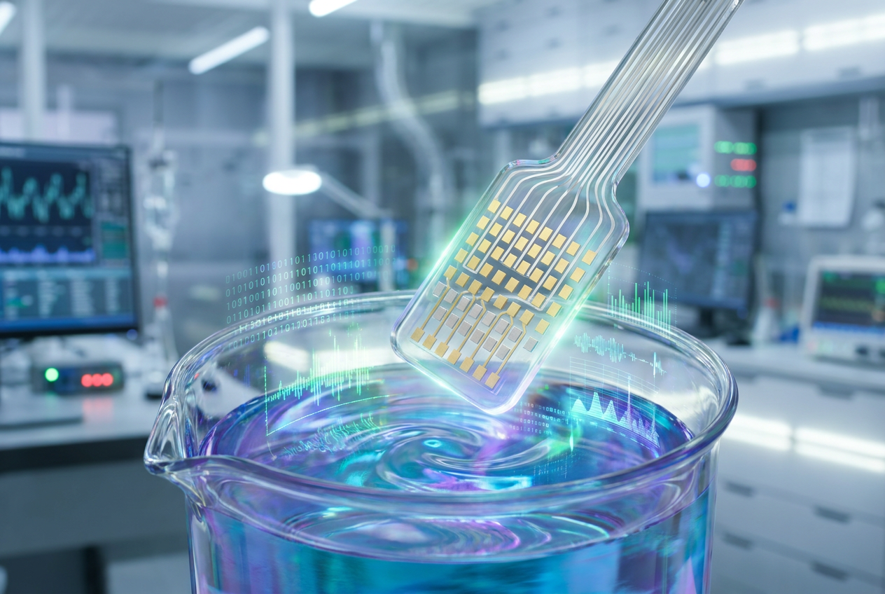 Representación conceptual de una lengua electrónica con sensores de electrodos analizando un líquido en un laboratorio futurista. Representación conceptual de una lengua electrónica con sensores de electrodos analizando un líquido en un laboratorio futurista.