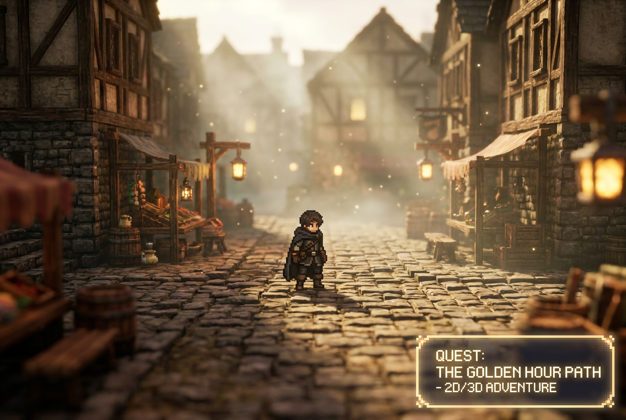 Illustration of HD-2D graphics style, featuring a 2D pixel art character in a high-definition 3D environment with tilt-shift effect. Illustration of HD-2D graphics style, featuring a 2D pixel art character in a high-definition 3D environment with tilt-shift effect.