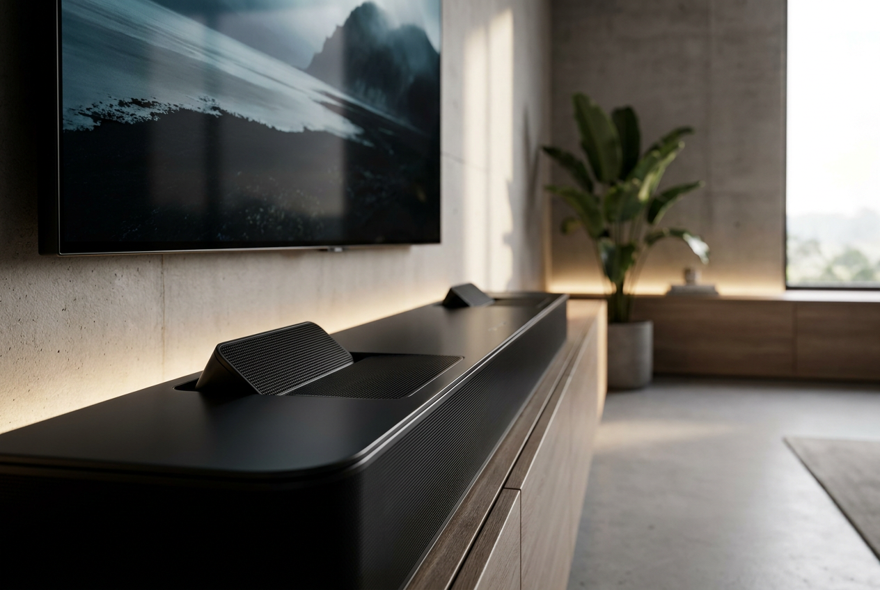 Primer plano de una barra de sonido moderna con altavoces orientados hacia arriba, elemento clave para recrear la dimensión de altura del Dolby Atmos en casa. Primer plano de una barra de sonido moderna con altavoces orientados hacia arriba, elemento clave para recrear la dimensión de altura del Dolby Atmos en casa.