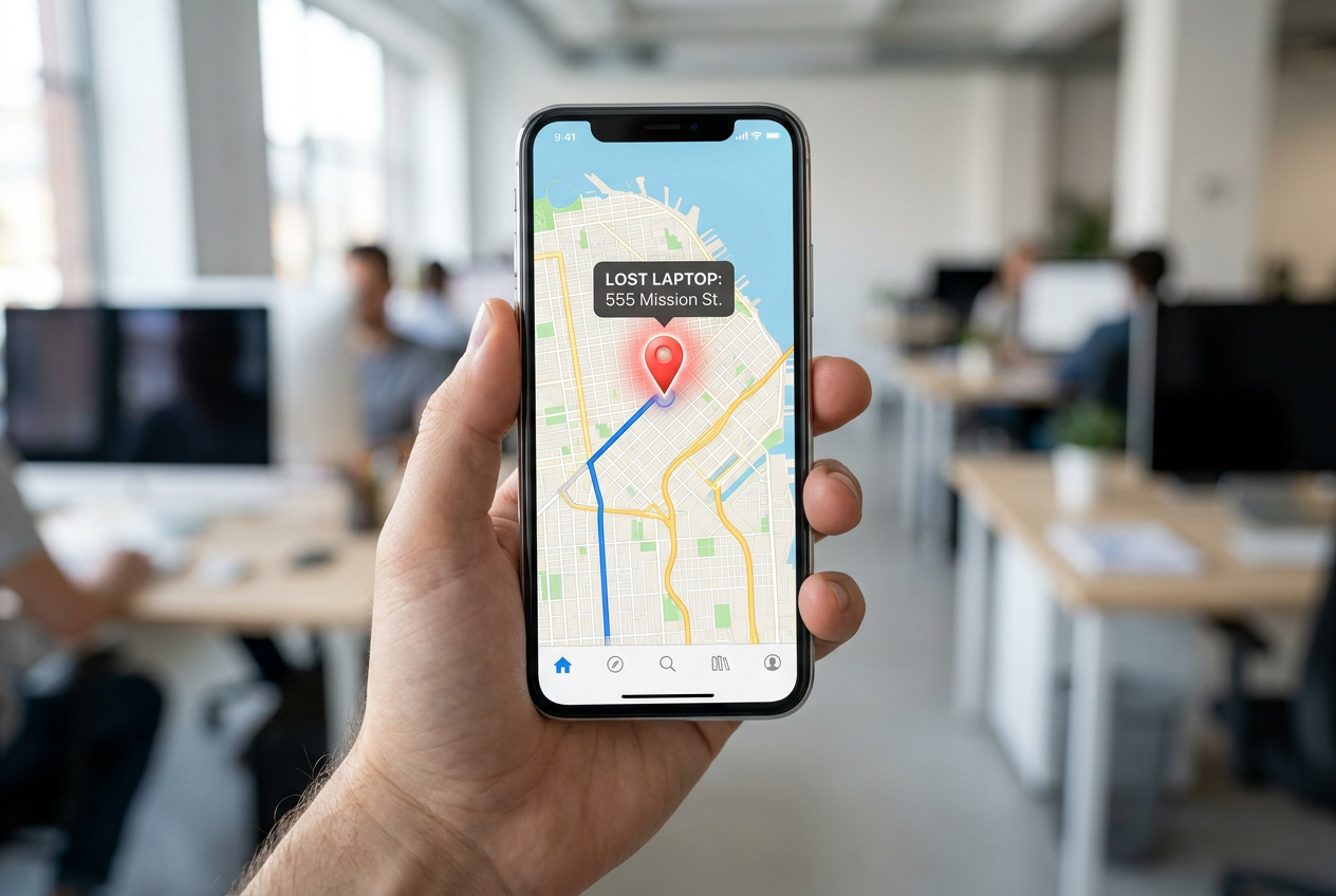 Pantalla de smartphone mostrando el rastreo GPS de un ordenador portátil perdido en un mapa digital. Pantalla de smartphone mostrando el rastreo GPS de un ordenador portátil perdido en un mapa digital.
