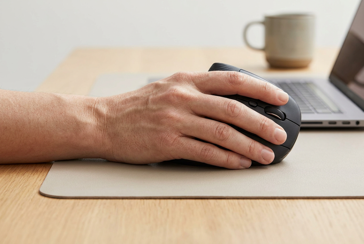Mano izquierda sujetando un ratón vertical ergonómico en posición de apretón de manos para reducir la tensión en la muñeca. Mano izquierda sujetando un ratón vertical ergonómico en posición de apretón de manos para reducir la tensión en la muñeca.