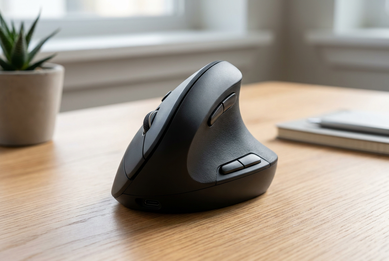 Primer plano de un ratón vertical ergonómico diseñado específicamente para zurdos sobre un escritorio de madera minimalista. Primer plano de un ratón vertical ergonómico diseñado específicamente para zurdos sobre un escritorio de madera minimalista.
