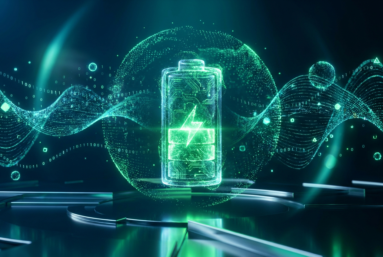 Energía y salud de la batería Representación artística 3D de la energía y salud de la batería con un icono holográfico cargándose con energía verde.