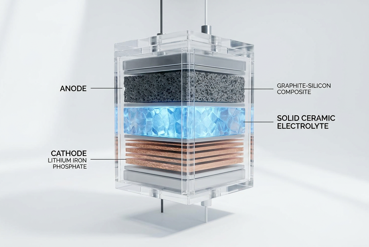 Batería de estado sólido Renderizado 3D de una sección transversal de una batería de estado sólido, detallando las capas de ánodo, electrolito sólido y cátodo.